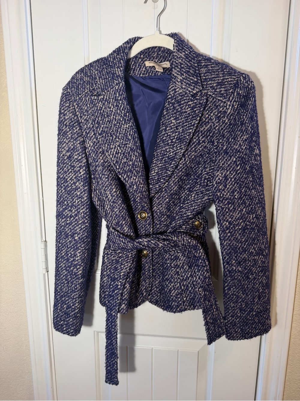 Vintage Sharagano Noir Purple Wool Blend Belted Tweed Blazer Jacket Size 12